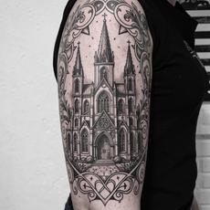 Blackwork Gothic Church Tattoo